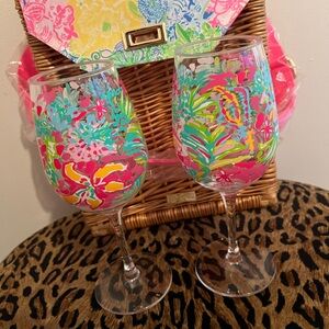 Lilly Pulitzer wicker rattan basket and wine glasses